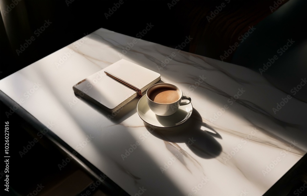 Poster a cup of coffee and a notebook on a marble table with sunlight streaming through the window.