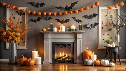 Halloween themed decorations above a black fireplace with skulls