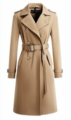 Beige double-breasted trench coat with belt.