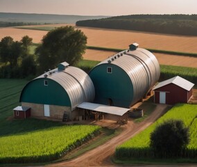 Obraz premium A rural farm equipped with a rainwater harvesting system, featuring large metal water storage tanks beside a traditional red barn. The farm benefits from sustainable water collection to support agricu