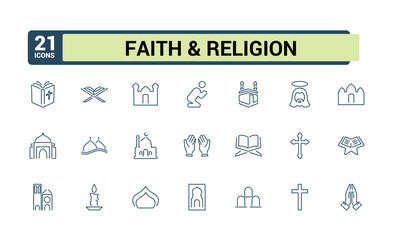 Religion and faith icon set. Religious icon collection in line style. Related to Islma, Christian, Hinduism, Judaism. Editable stroke. Vector illustration.