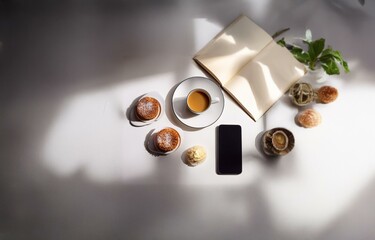 A flat lay of coffee, pastries, a notebook, and a smartphone on a white surface.