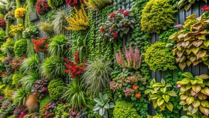 Obraz premium Live green wall with various plants and flowers creating a vibrant vertical gardening background, vertical garden