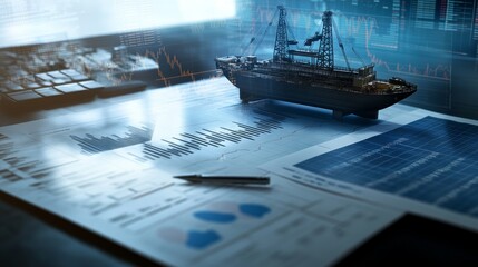 Oil Industry Investment Risk - Miniature Oil Rig Model on Financial Charts