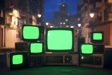 A cluster of vintage TVs with green screens set against a nighttime urban backdrop, highlighting retro technology in a modern environment.