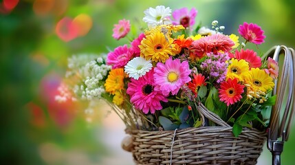 Beautiful arrangement of vibrant flowers in a wicker bicycle basket, showcasing a harmonious color palette of soft pastels and bold hues. The flowers create a cheerful and peaceful atmosphere,