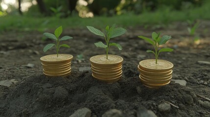 Prosperity Seeds: Gold coins sprouting seedlings in a vibrant garden, symbolizing growth and investment.
