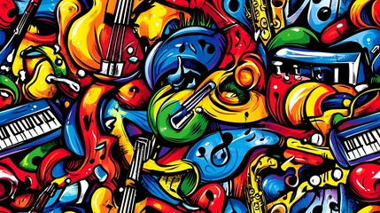 A playful music-themed doodle pattern filled with electric guitars, keyboards, saxophones, and trumpets, surrounded by swirling musical notes and abstract sound waves, set against a neon background,