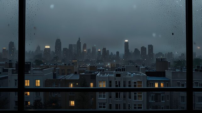 Fototapeta Twilight, view from the window of the city during the rain