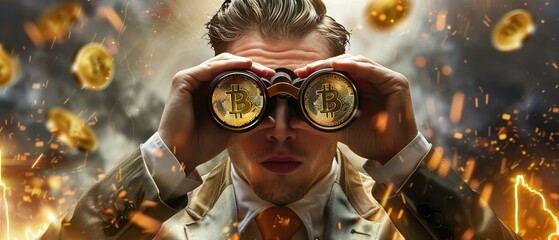 Businessman looks with binoculars straight into the camera. The glasses are golden bitcoins. Concept crypto trading, trend and future. Background with swirling coins shows the turbulence. 