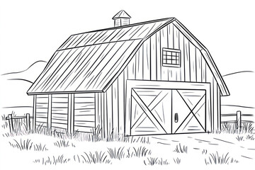 Barn, coloring page for kids, line art, black and white.