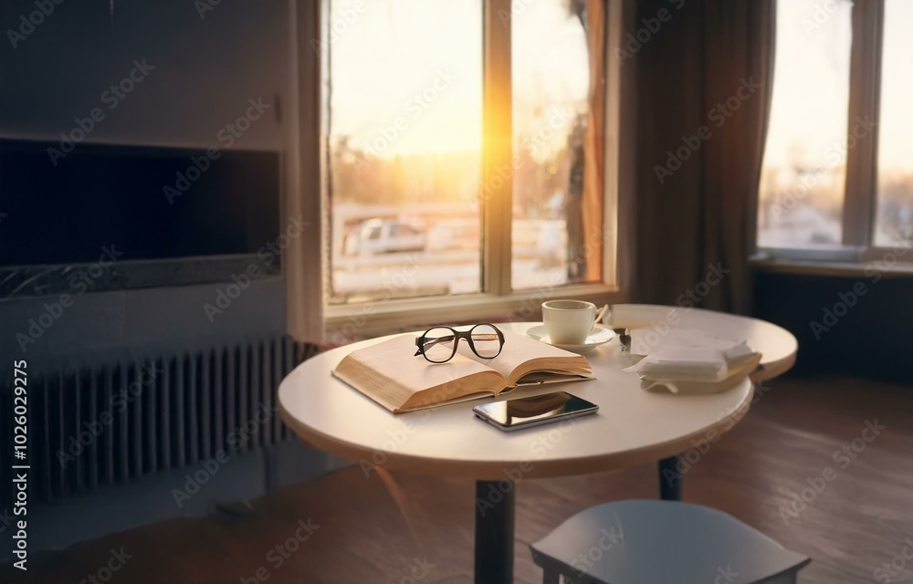 Poster a book and glasses rest on a table near a window with warm sunlight streaming in.
