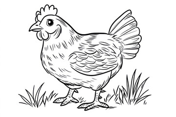 Chicken, coloring page for kids, line art, black and white.