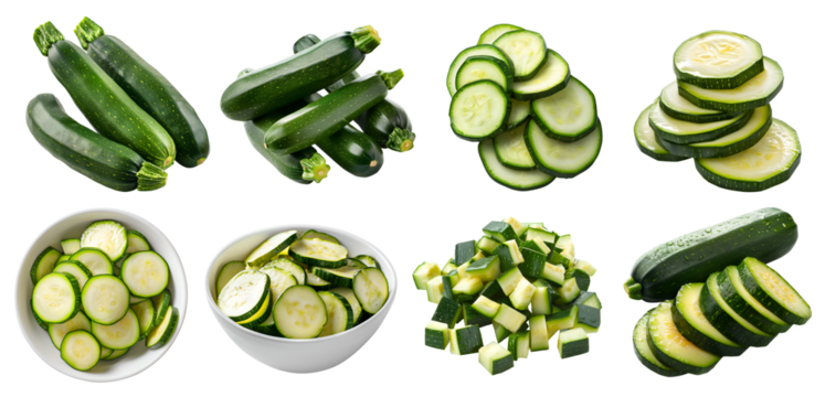 Zucchini courgette, baby marrow, summer squash vegetable fruit, many angles view side top front bowl slice cubes isolated on transparent cutout, PNG file. Mockup template for artwork graphic design