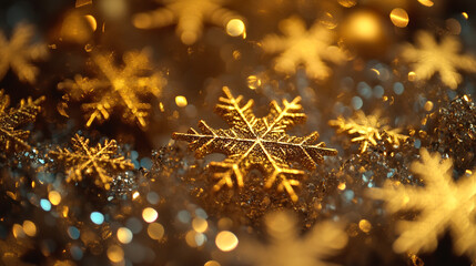 Fototapeta premium Sparkling snowflakes adorn a festive setting on Christmas Eve with warm golden lights
