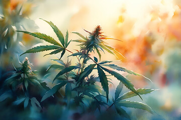 Naklejka premium A painting of a plant with a sun shining on it. The mood of the painting is serene and peaceful