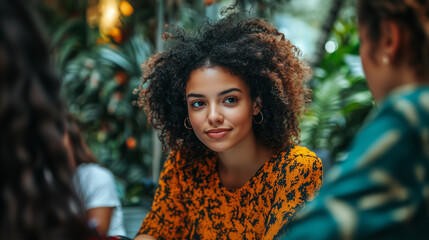 Beautiful, happy, young, independent, ambitious, educated, professional young black woman with funky blouse manifesting a positive future