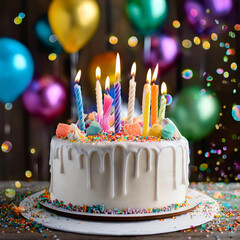 Children celebrate with a colorful firefly cake and candles at a fun birthday party
