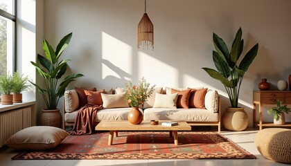 Cozy living room interior with white sofa, wooden coffee table, orange and beige pillows, indoor plants, and natural sunlight. Modern bohemian home decor. Design for interior, textile, and furniture.