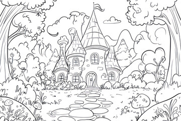 Naklejka premium Fairy Tale, coloring page for kids, line art, black and white.