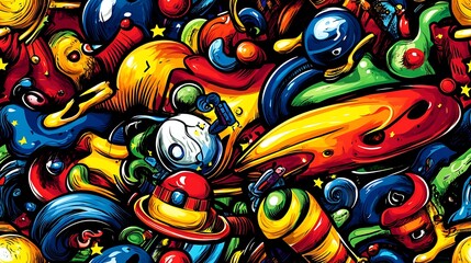 Fototapeta premium A playful space doodle pattern filled with astronauts, space shuttles, satellites, and comets, set against a bright galaxy background of swirling stars and nebulae, glowing lights and vibrant colors,