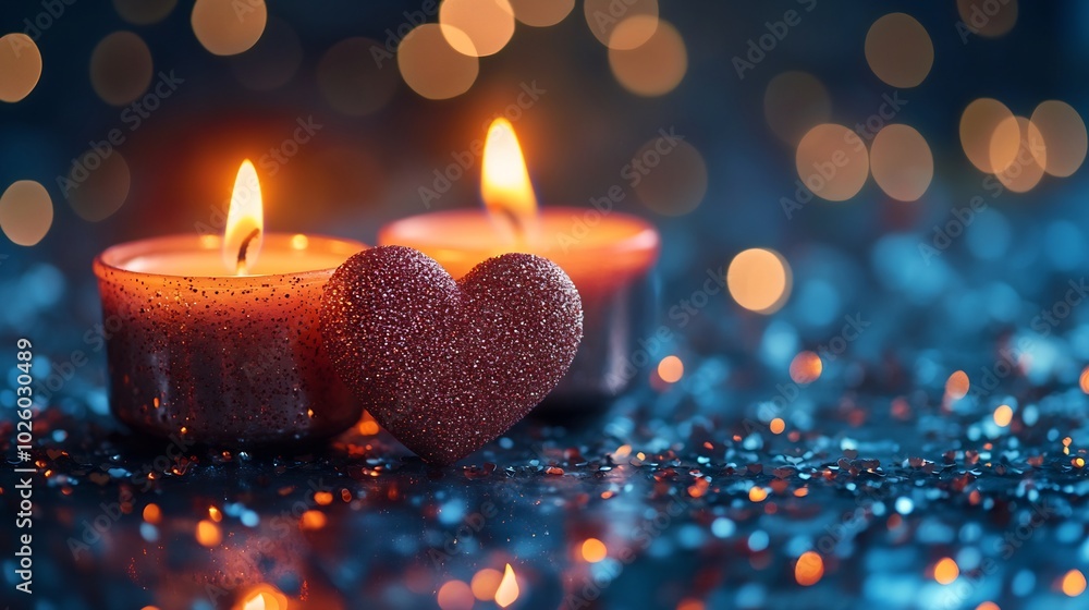 Poster heartshaped candles flicker gently against softly blurred backdrop with vibrant bokeh lights adding 