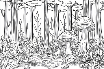 Fairy tale forest, coloring page for kids, line art, black and white.