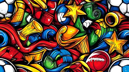 Obraz premium A playful sports fever doodle pattern featuring soccer balls, tennis rackets, basketball hoops, and football helmets, with swirling lines, stars, and trophies,