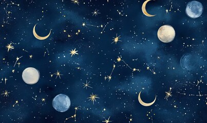 Naklejka premium Night sky with stars, moons, and constellations.