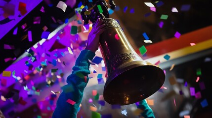 Jubilant IPO Celebration - Person ringing a large bell amidst a shower of confetti, symbolizing a successful initial public offering.