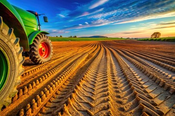 Obraz premium Distinct patterns form in the soil as tractor wheels traverse dirt, illustrating the influence of agricultural machinery on soil health and topography over time.