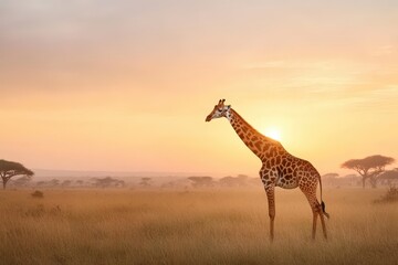 Obraz premium Majestic Giraffe Against Dawn Horizon in African Plain