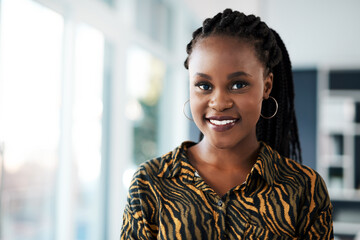 Black woman, confident and portrait of happy designer with smile in startup and creative company....