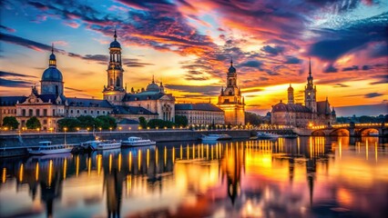 Obraz premium Dresdenâ€™s skyline at dusk presents a captivating silhouette, featuring iconic landmarks set against a beautiful gradient sky that transitions from vibrant hues to deep twilight.