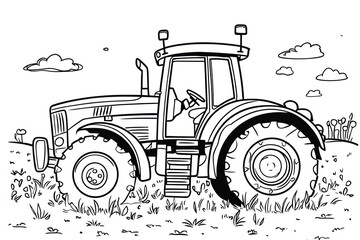 Tractor, coloring page for kids, line art, black and white.