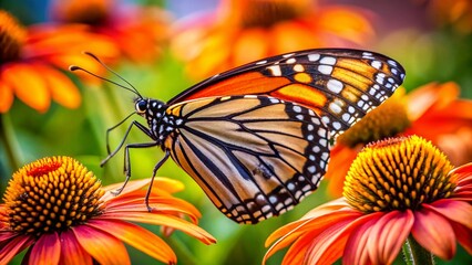 Obraz premium Realistic Monarch Butterfly on Vibrant Flower, Capturing Nature's Beauty and Intricate Details in Stunning Close-Up