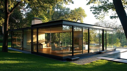 Glass house surrounded by lush greenery with a detailed map placed next to it, evoking a sense of peaceful solitude and exploration. The modern architectural design of the glass house contrasts 
