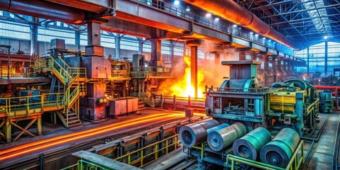 Fototapeta premium During steel production, hot rolling mills utilize heat to transform metal through rotating rollers, streamlining industrial manufacturing while producing diverse configurations and dimensions.