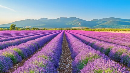 Naklejka premium Lavender Field Rows Leading Towards Mountain Range