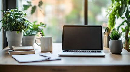 Fototapeta premium A clean, modern office desk with a laptop, coffee cup, and notepad