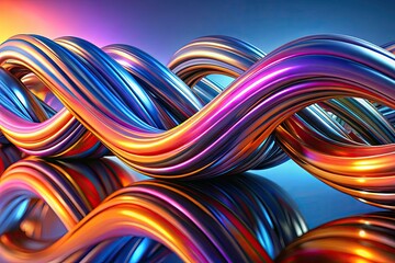 Dynamic 3D artwork features twisting stripes in purple, blue, and orange, beautifully contrasting against a reflective chrome surface for a striking visual impact.
