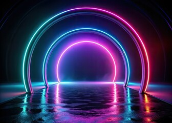 Dynamic 3D illustration of abstract neon wallpaper showcasing a glowing circular arch against a rich black backdrop, offering a captivating blend of vivid colors and light.