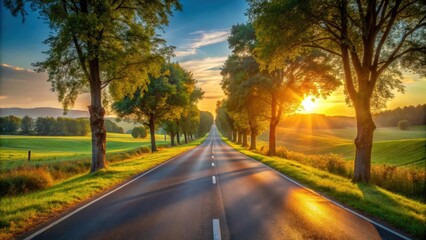 Obraz premium Scenic highway at golden hour through wooded countryside, Aerial view, trucks, cars, asphalt motorway, hilly landscape