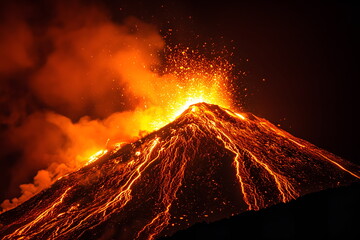 An erupting volcano spewing lava and ash into the air, with glowing magma rivers flowing down the mountainside