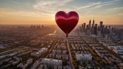 Heartfelt Soaring: A heart-shaped hot air balloon gracefully ascends above a city skyline during a breathtaking sunset, symbolizing love, hope, and new beginnings. 