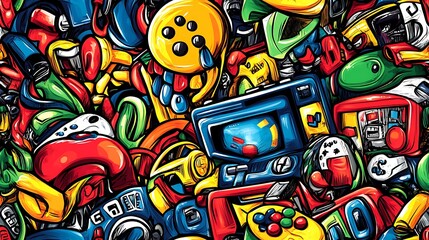 Fototapeta premium A retro gaming-themed doodle pattern showcasing vintage game consoles, joysticks, arcade screens, and pixelated icons, surrounded by bright neon color splashes, nostalgic and dynamic, hd quality,