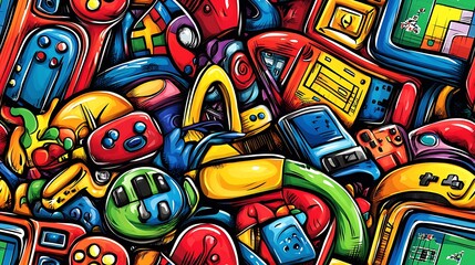 Fototapeta premium A retro gaming-themed doodle pattern showcasing vintage game consoles, joysticks, arcade screens, and pixelated icons, surrounded by bright neon color splashes, nostalgic and dynamic, hd quality,