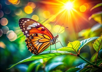 Obraz premium Vibrant Butterfly Feeding on Green Leaf in Lush Nature Scene