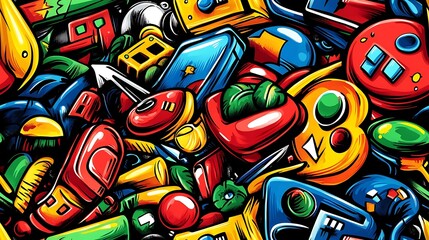 A retro gaming-themed doodle pattern with pixelated characters, arcade machines, game controllers, and 8-bit icons, with neon pixel art effects and bright color splashes, nostalgic and lively,