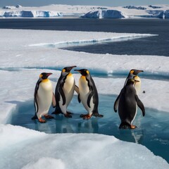 Emperor Penguins Gather on Ice Flow: A group of Emperor penguins huddle together on a frozen ice flow, against a backdrop of vast Antarctic landscapes.